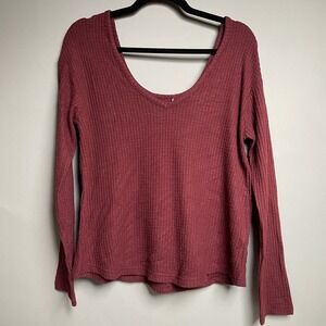 Burgundy Waffle Knit‎ Long Sleeve Top V-Neck Casual Comfy Blouse Small ABOUND